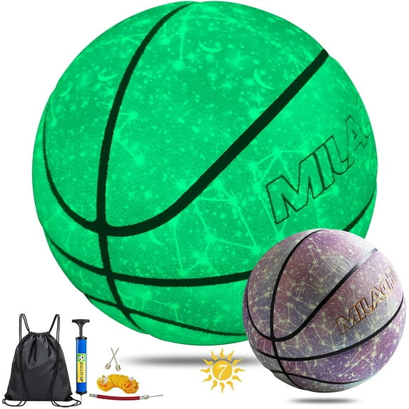 MILACHIC Basketball, Glow in the Dark Basketball Glowing Composite Leather Luminous Basketball Gift for Boys, Girls, Men, Women, Indoor-Outdoor Night Basketball Size 6 (28.5") with Pump