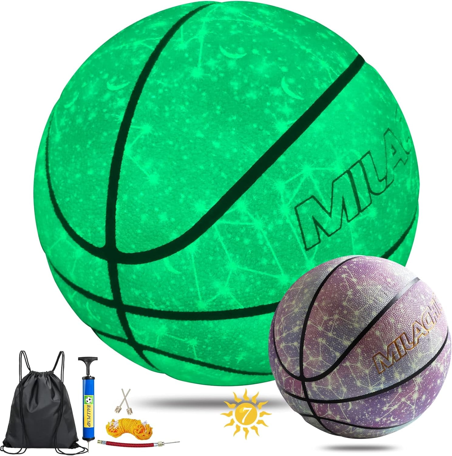 Basketball, Glow in the Dark Basketball, Glowing Composite Leather Luminous Basketball Gift for Youth, Men, Women, Indoor-Outdoor Night Basketball Size 7(29.5") / 6(28.5") / 5 (27.5") with Pump