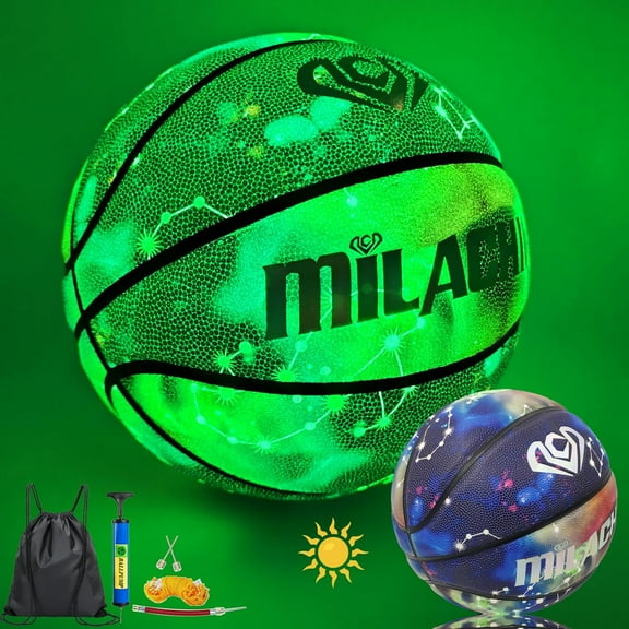 Basketball, Glow in the Dark Basketball, Glowing Composite Leather Luminous Basketball Gift for Youth, Men, Women, Indoor-Outdoor Night Basketball Size 7(29.5") / 6(28.5") / 5 (27.5") with Pump