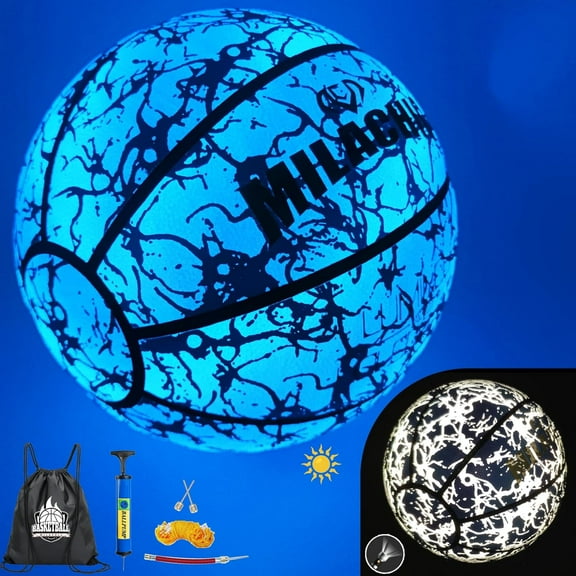 Basketball, Glow in The Dark Holographic Basketball, Official Size 7 Indoor Outdoor Luminous Glowing Leather Basketball 29.5" - with Pump