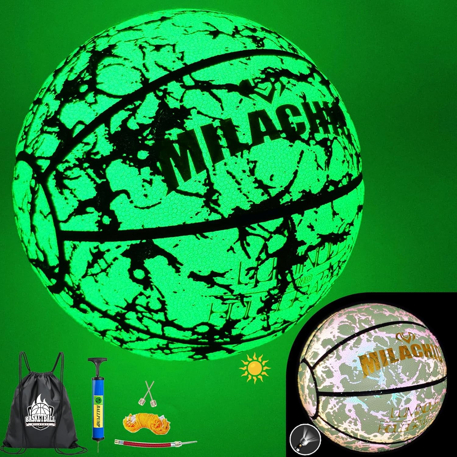 Basketball, Glow in The Dark Holographic Basketball, Official Size 7 Indoor Outdoor Luminous Glowing Leather Basketball 29.5" - with Pump