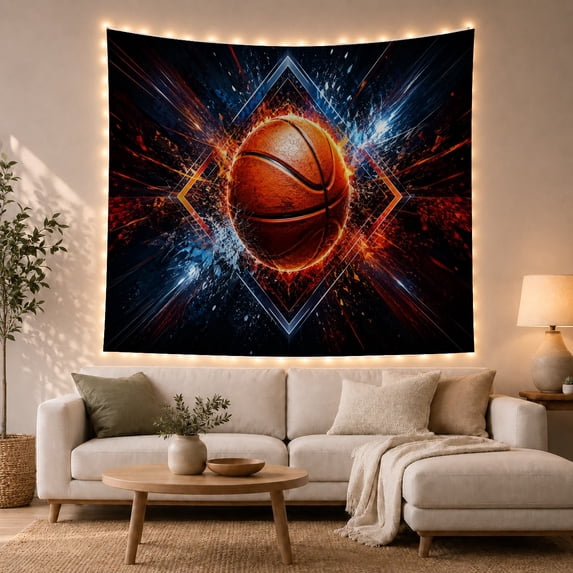Basketball With Glowing Diamond Frame And Sparks, Energetic Photographic Style for Basketball Fans, Sports Wall Art, Birthday Gift Tapestry Wall Hanging for Bedroom and Dorm