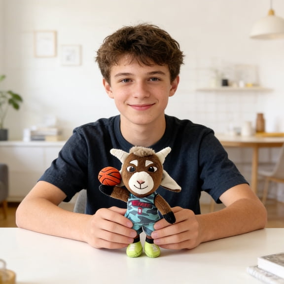 Basketball Goat Plush Toy - Teal Camo Sports Jersey Design, Soft Stuffed Collectible for Shelf & Desk Decor A