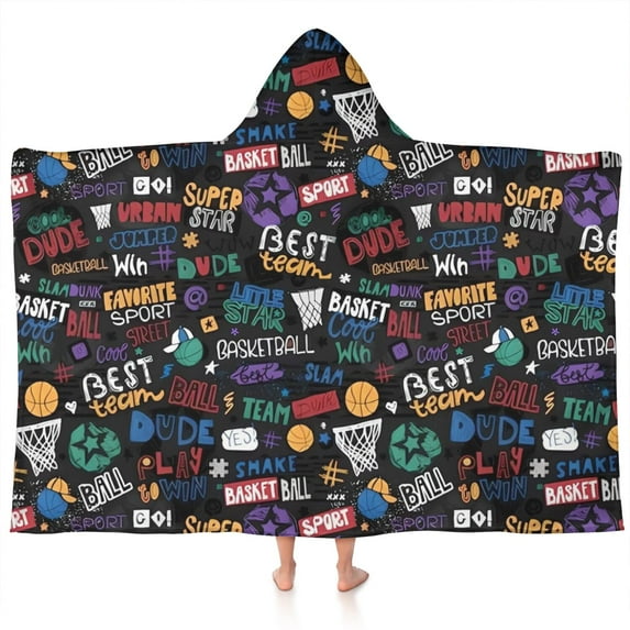Basketball Graffiti Pattern Hooded Bath Towel,60"x35" for Ages 3 To 12 Kids, Quick Dry Lightweight Soft Microfiber Hood Beach Towel Cover Up for Kids