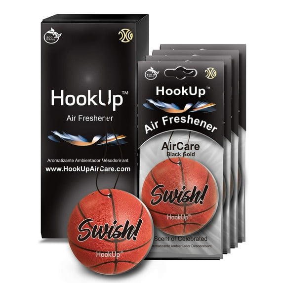 Basketball Hanging Car Air Freshener by HookUp - 4 Pack of Black Gold Scent | Unique Gift for Sports Fan- Teens, Men, Women | Car Accessory with Fresh & Long Lasting Fresheners Smell