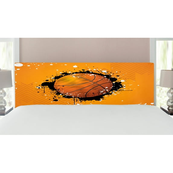 Basketball Headboard, Basketball and Paint Splashes on Abstract Grungy Background Sport Theme Print, Upholstered Decorative Metal Bed Headboard with Memory Foam, King Size, Orange Black, by Ambesonne