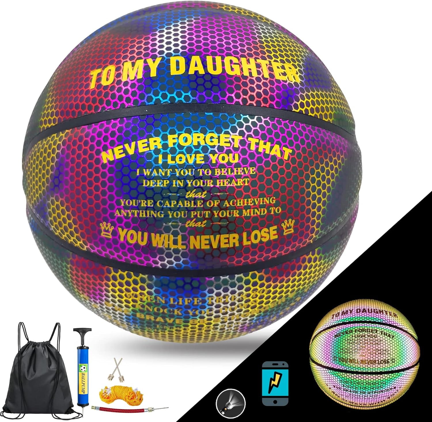Basketball, Holographic Basketball Size 5 (27.5") & Size 6 (28.5") & Size 7 (29.5") for Kids & Adults, Reflective Glowing Leather Basketball, Indoor Outdoor Basketball Gifts for Boys Girls