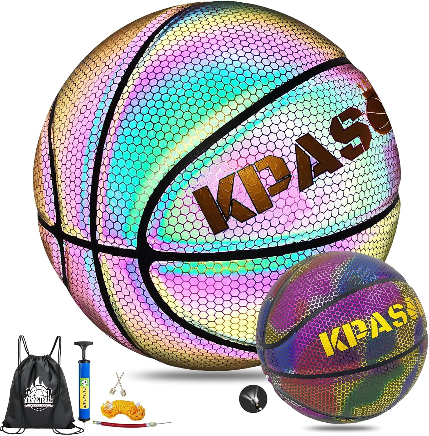 Basketball, Holographic Basketball Size 5 (27.5") & Size 6 (28.5") & Size 7 (29.5") for Kids & Adults, Reflective Glowing Leather Basketball, Indoor Outdoor Basketball Gifts for Boys Girls