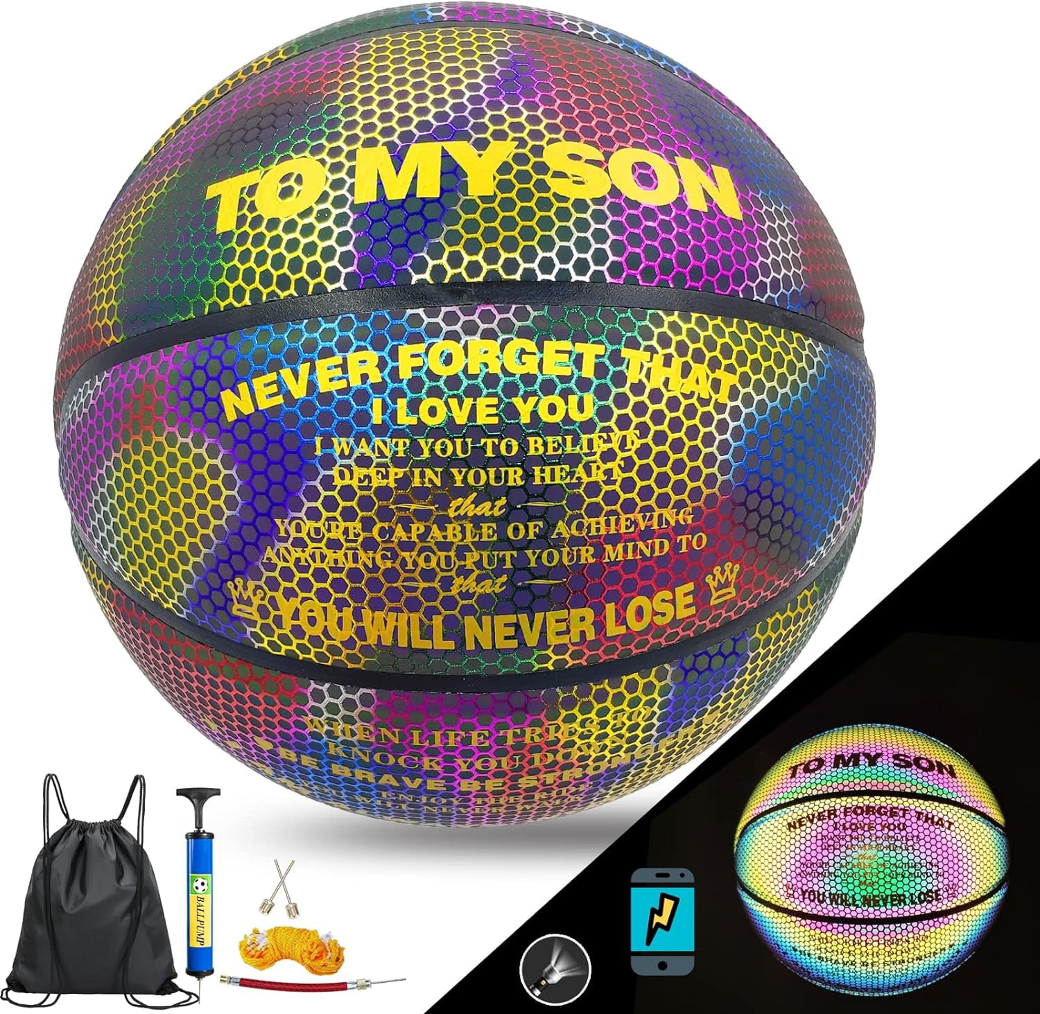 Basketball, Holographic Basketball Size 5 (27.5") & Size 6 (28.5") & Size 7 (29.5") for Kids & Adults, Reflective Glowing Leather Basketball, Indoor Outdoor Basketball Gifts for Boys Girls