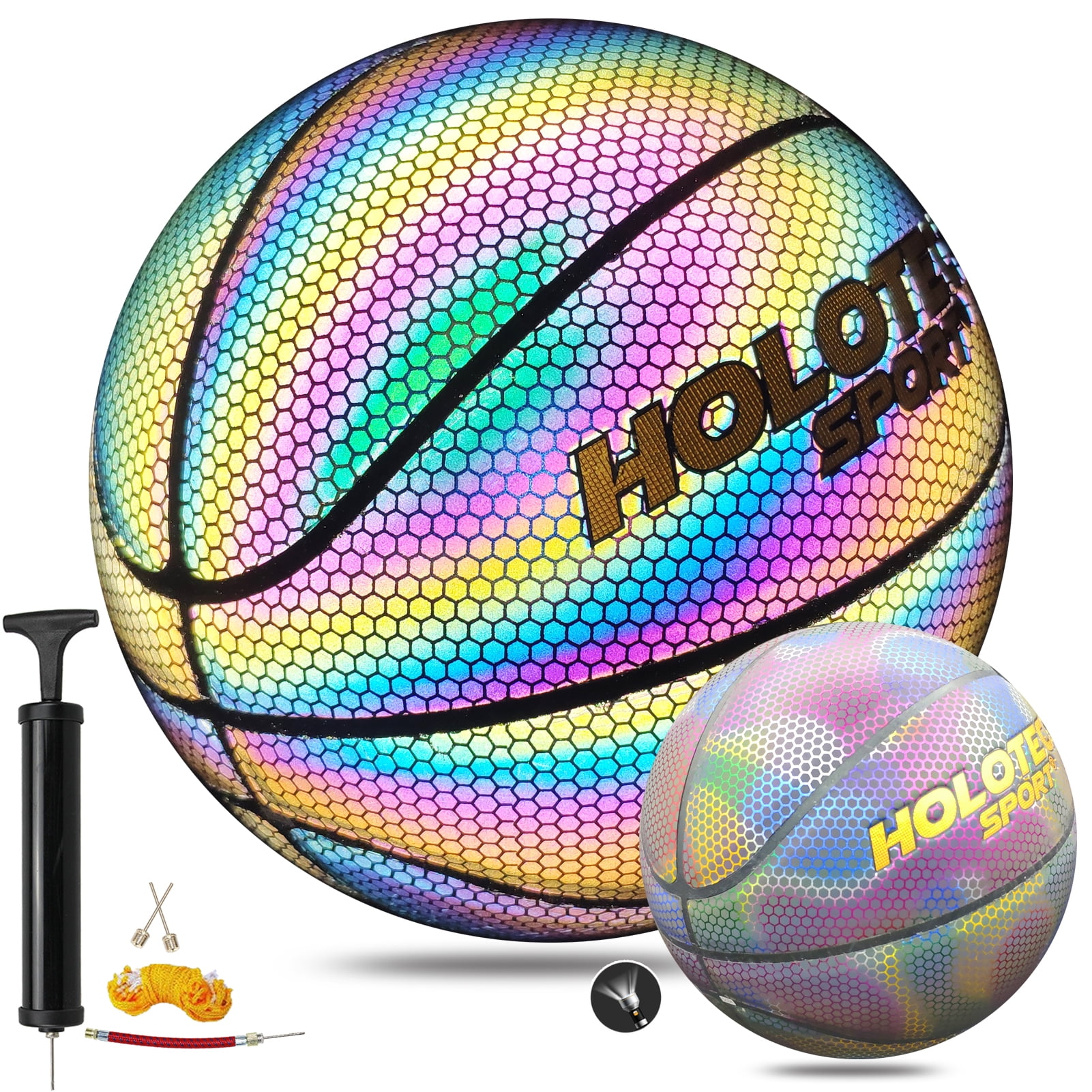 Basketball, Holographic Glowing Basketball Indoor Outdoor Size 5 (27.5"), Reflective Glowing Composite Leather Basketball Gift for Boys Girls Night Game