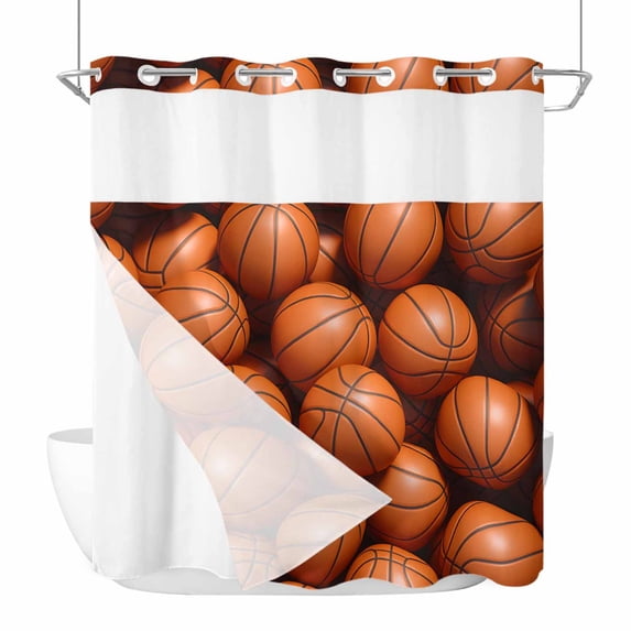 Basketball No Hook Shower Curtain Waterproof, Bathroom Curtains with Snap in Liners and See Through Top Window, Sports Brown Basketball Hotel Style Bathtub Curtains Shower 66"Wx72"L