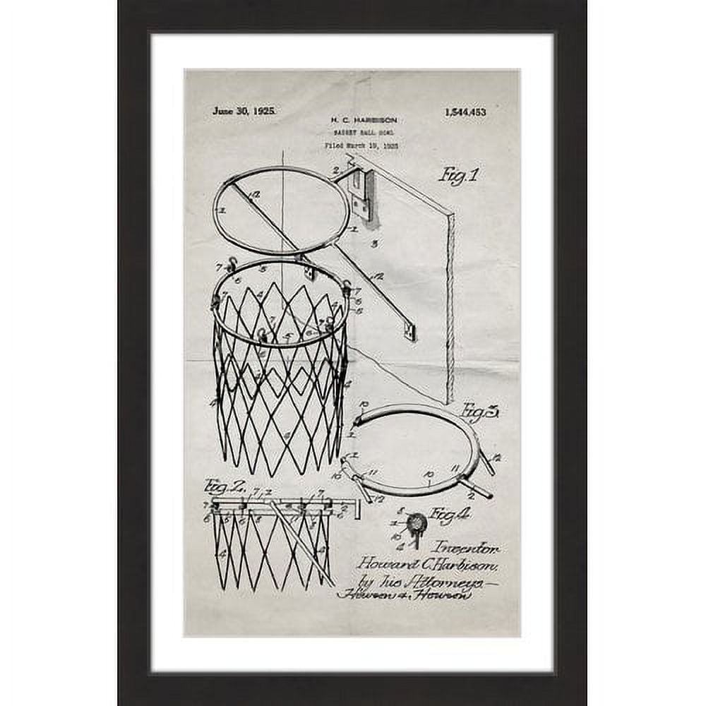 "Basketball Hoop 1925 Old Paper" Framed Painting Art Print, 20" x 1.5"