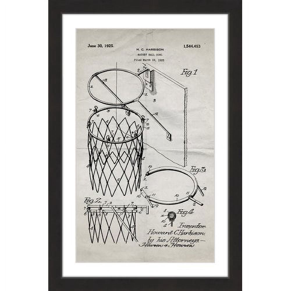 "Basketball Hoop 1925 Old Paper" Framed Painting Art Print, 24" x 1.5"