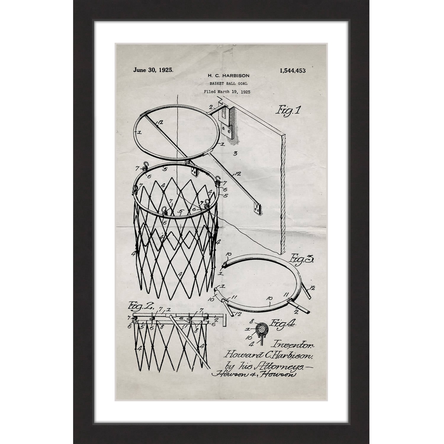 "Basketball Hoop 1925 Old Paper" Framed Painting Print