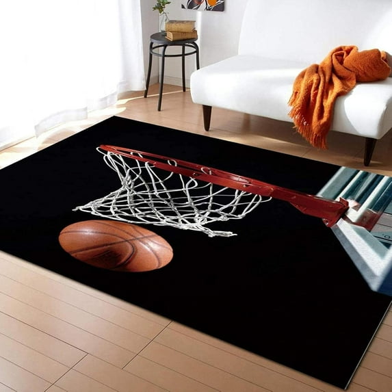 Basketball Hoop Black Background Area Rug Soft Basketball Lover Floor Mat Printed Design Large Carpet For Bedroom Kitchen Living Room