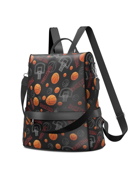 Basketball and Hoop Black Pattern Fashion Backpack, Casual Daypack with Side Bottle Pockets & Convertible Strap, Multi Pockets Gifts for Women Casual Use