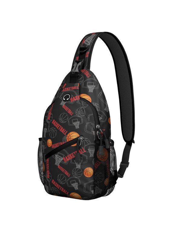 Basketball and Hoop Black Pattern Sling Backpack, Unisex Hiking Chest Pack with Side Mesh Pockets, Earphone Hole Port Gift Ideas for Hiking Cycling Walking
