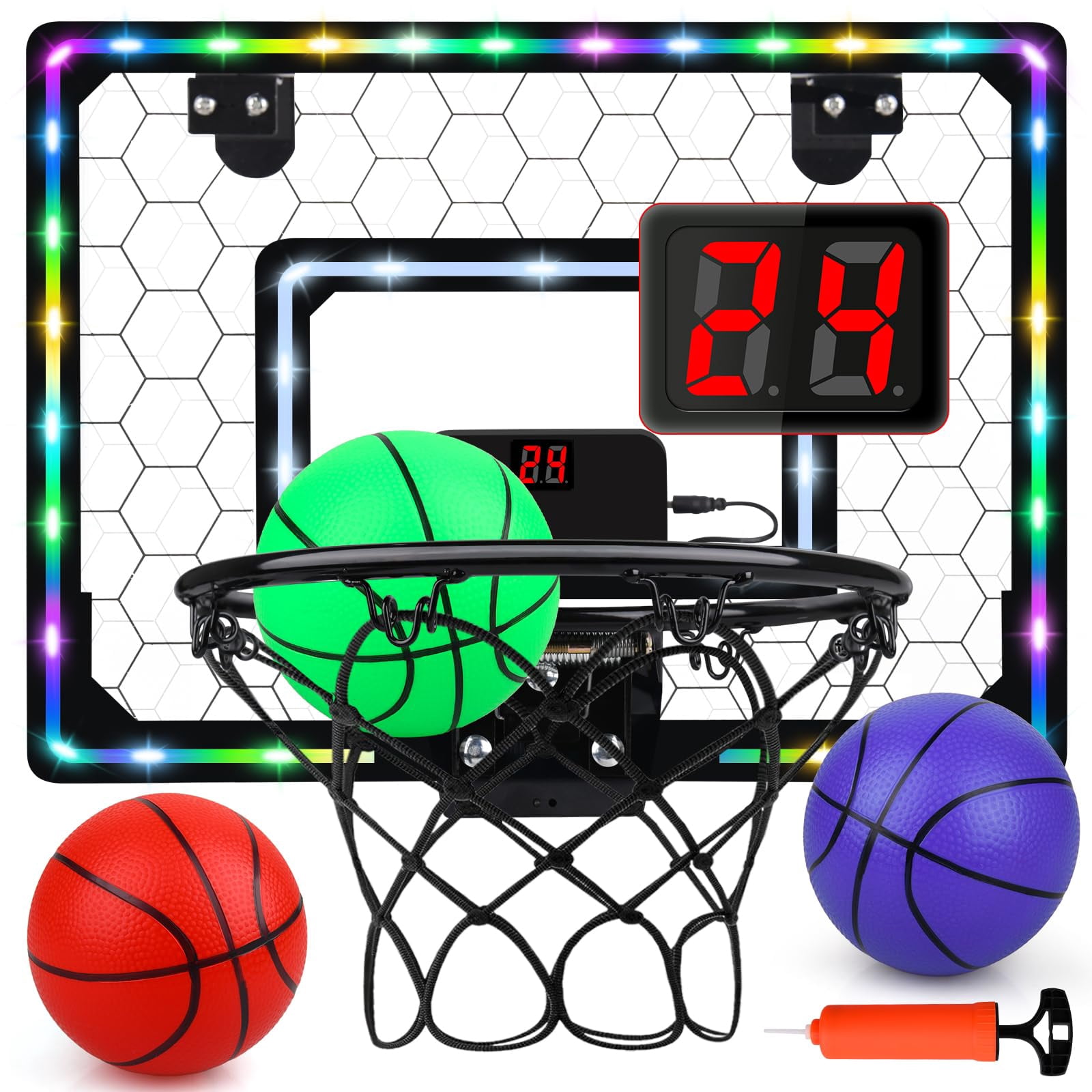 Basketball Hoop Indoor Mini With Led Light/scoreboard  Door Toys Gifts For 5 6 7 8 9 10 11 12 Year Old (honeycomb Pattern)