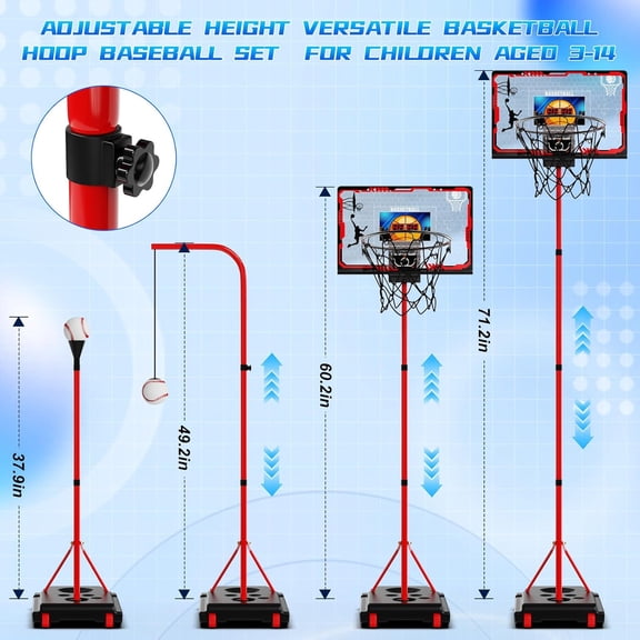 Basketball Hoop for Kids, 4 in 1 Kids Basketball Hoop and T Ball Set with Hanging Baseball Hoop, Toddler Basketball Toys, 2.98-5.8ft Adjustable Basketball Set for Indoor & Outdoor Backyard Sport Game