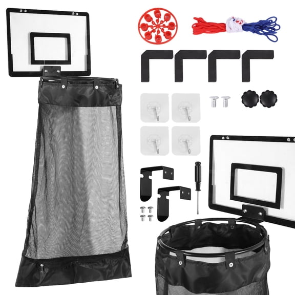 Basketball Hoop Laundry Hamper, Hanging Net Laundry Basket with Zipper, Over Door Black Mesh Bag, Removable, Fun, Space-Saver
