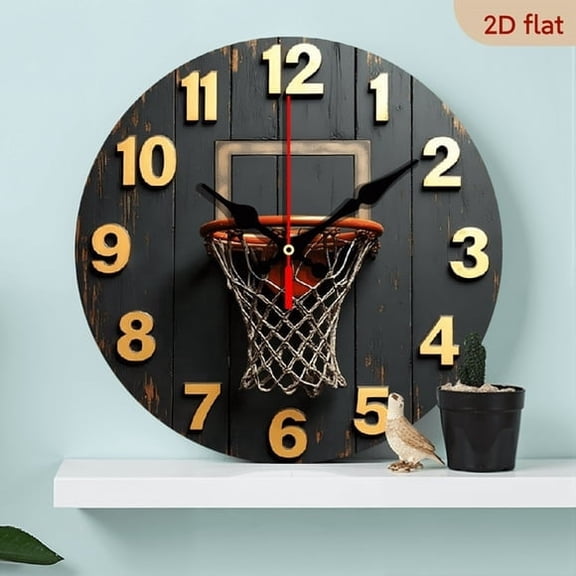 Basketball Hoop MDF Wood 10in Round Wall Clock, Silent Non-Ticking Battery Operated, Ideal Gift for Halloween Easter Christmas