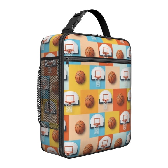 Basketball and Hoop Multicolor Pattern Insulated Lunch Bag for Men Women,Waterproof Lunch Box for Work,Picnic or Travel,Thermal Insulation,10.63x9.06x3.54 Inches