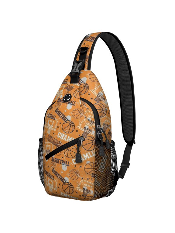 Basketball and Hoop Orange Pattern Sling Backpack, Unisex Daily Travel Sling Pack with Side Mesh Pockets, Adjustable Ambidextrous Strap Gift Ideas for Travel Shopping Commuting