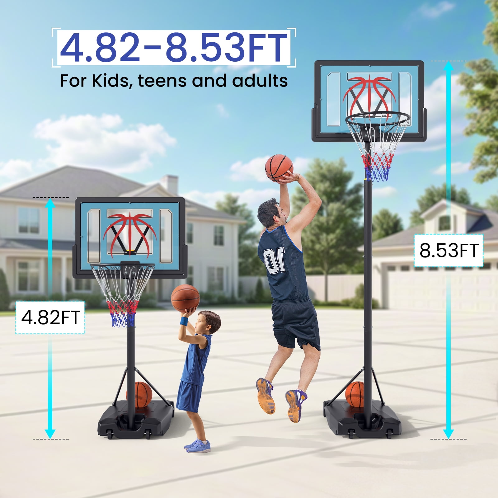 Basketball Hoop Outdoor 4.82-8.53ft Adjustable, Portable Basketball Hoop & Goals with 2 Wheels, 32 Inch PC Backboard/Fillable Base/Size 5 Basketball for Kids, Youth, and Adults in Backyard/Driveway