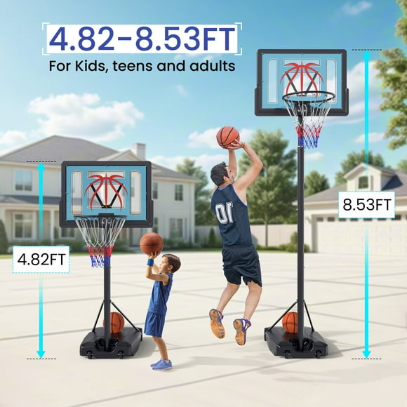 Basketball Hoop Outdoor 4.82-8.53ft Adjustable, Portable Basketball Hoop & Goals with 2 Wheels, 32 Inch PC Backboard/Fillable Base/Size 5 Basketball for Kids, Youth, and Adults in Backyard/Driveway