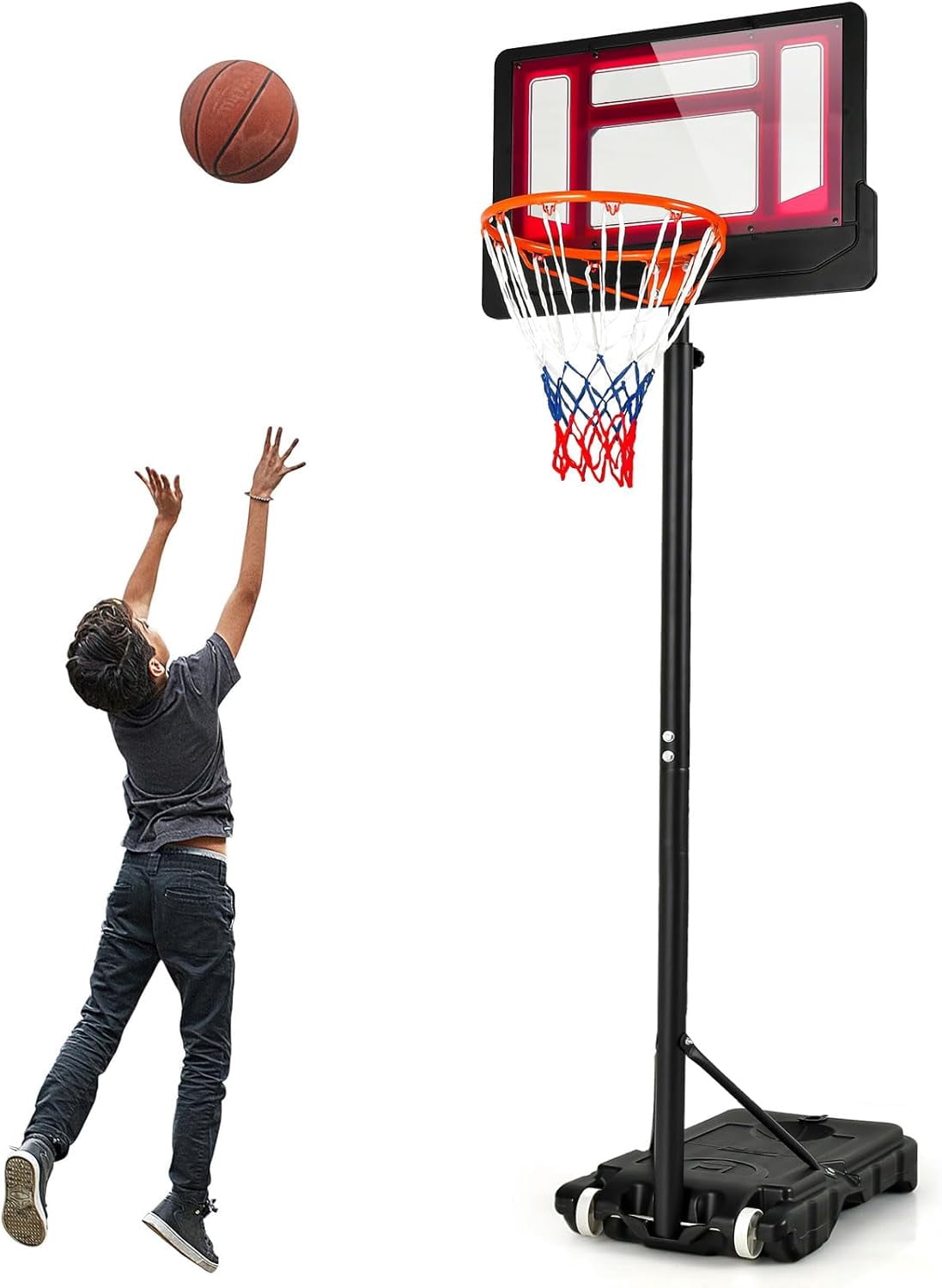 Basketball Hoop Outdoor Indoor, 4.3 FT-8.2 FT Height Adjustable Basketball Goal Court System w/Fillable Base, Backboard & 2 Wheels, Portable Basketball Hoop for Kids Backyard Driveway