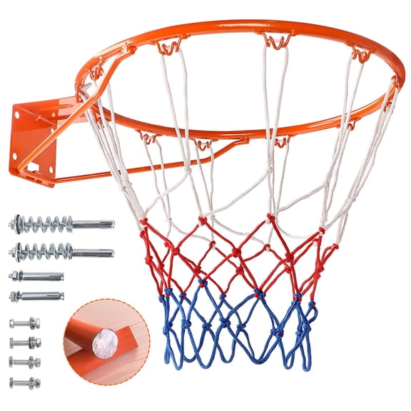 Basketball Hoop Rim, 18-Inch Heavy-Duty Breakaway Replacement Rim with Double-Spring Flex Mechanism, Solid Steel Wall-Mount Ring, All-Weather Nylon Net and Mounting Hardware