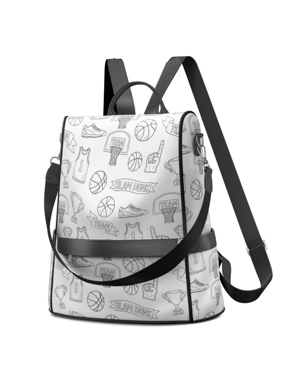 Basketball and Hoop White Pattern Fashion Backpack, Fashion Handbag Backpack with Side Bottle Pockets & Convertible Strap, Water Repellent Polyester Gifts for Birthday Christmas Thanksgiving