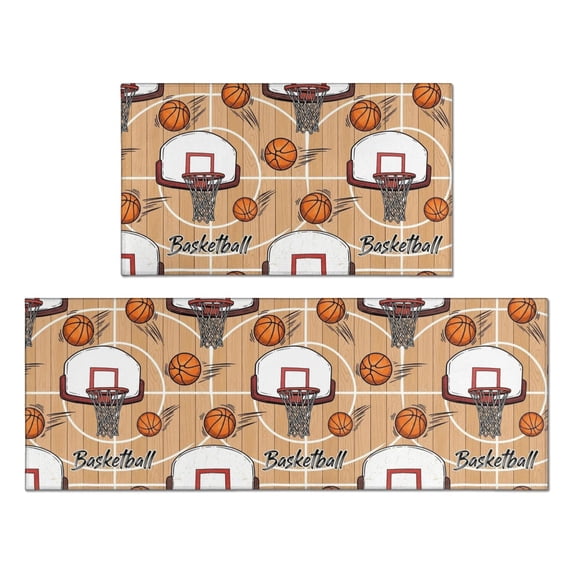 Basketball and Hoop Wooden Pattern Anti Fatigue Kitchen Rugs Set Of 2, Non Slip Washable Decorative Floor Mats for Kitchen Sink Laundry, 17"x30" and 17"x47"
