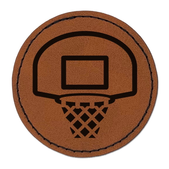 Basketball Hoop and Backboard 2.5" Faux Leather Round Engraved Iron-On Patch - Brown