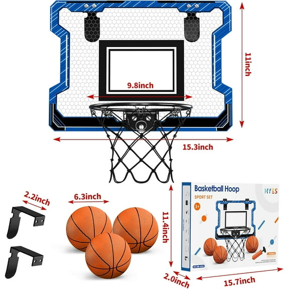 Basketball Hoop with 3 Balls & Inflator, Door Mount Basketball Toy for Kids Teens Adults, Suitable for Bedroom/Office/Outdoor, Blue