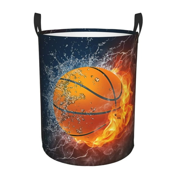 Basketball Ice Splash Circular Laundry Hamper With Handles, Collapsible Canvas Organizer Basket For Dirty Clothes, Storage or Bedroom Medium