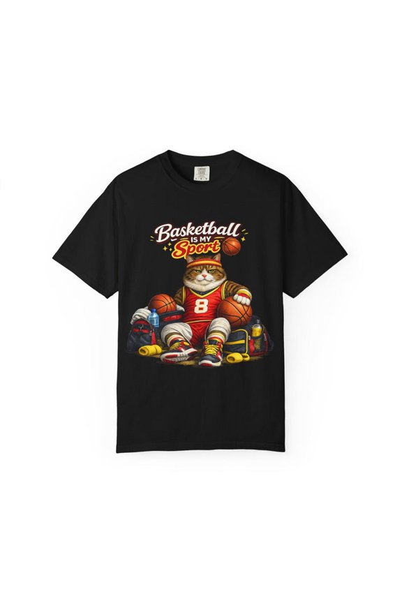 Basketball Is My Sport Cat Jersey Graphic Shirt Athletic Feline Sports Design Retro Style Comfort Colors Unisex Cotton T-Shirt, Size S-3XL