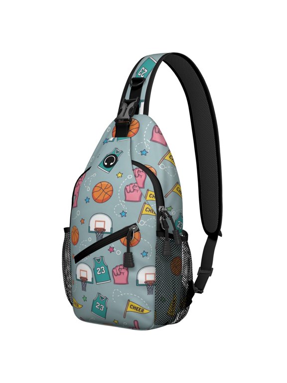 Basketball and Jersey Gray Pattern Sling Backpack, Unisex Daily Travel Sling Pack with Side Mesh Pockets, Breathable Padded Back Gift Ideas for Hiking Cycling Walking
