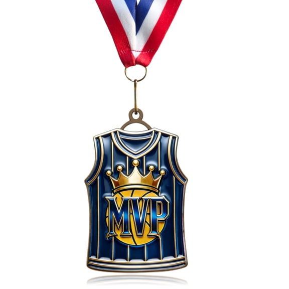 Basketball Jersey MVP Medal Premium Basketball Trophy for Awards & Parties, Perfect as Basketball Team Gifts & Gifts for Basketball Players, Includes Red White Blue Ribbon