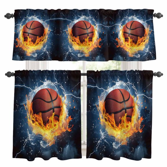 Basketball Kitchen Curtains Sets for Windows 24 Inch Length, Blue Red Water Fire Splashing Rod Pocket Window Treatments Tier Curtains and Valances Set for Bedroom/Bathroom