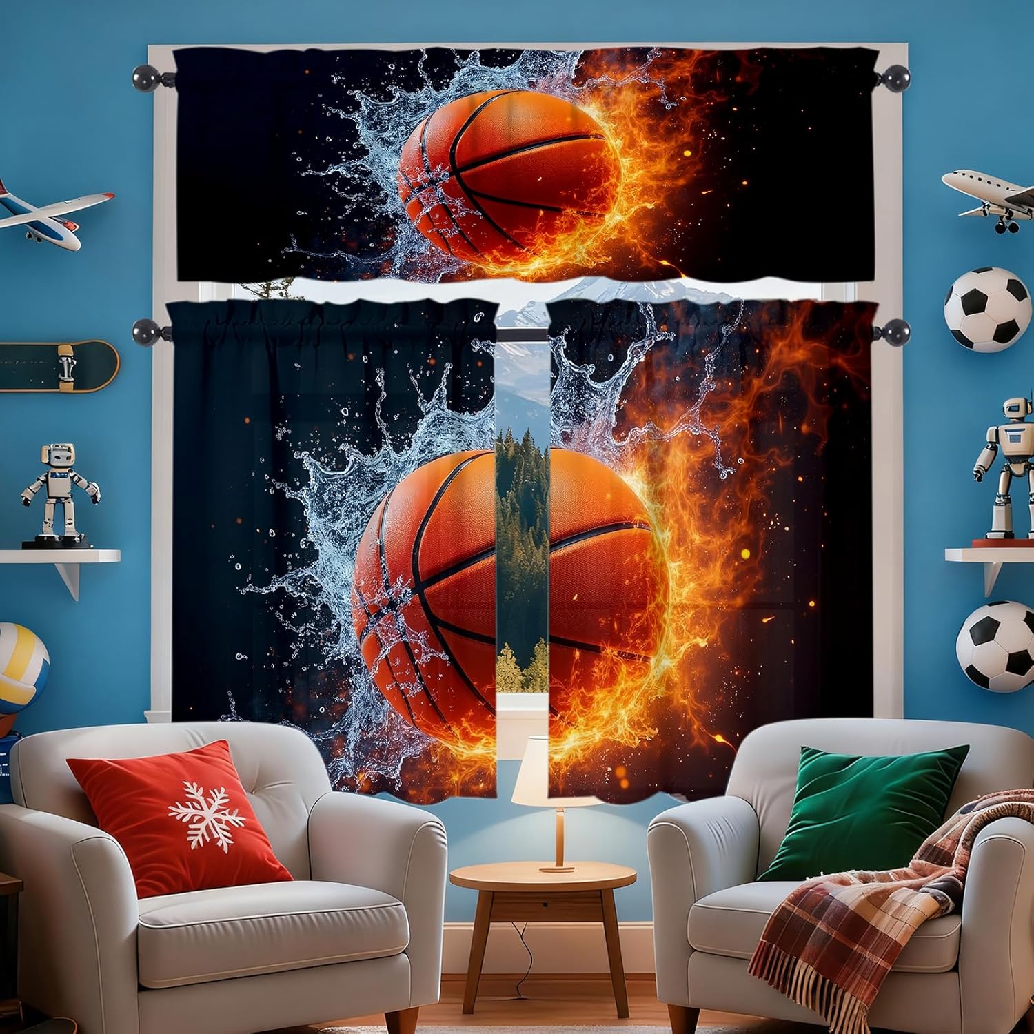 Basketball Kitchen Curtains and Valances Set - 3 Piece Kitchen Curtains ...