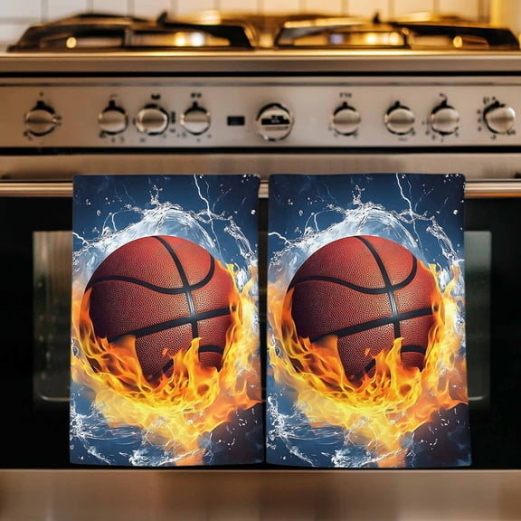 Basketball Kitchen Towels Set of 1, Blue Red Water Fire Splashing Absorbent Dish Towels for Kitchen, Microfiber Hand Towel, Quick Drying Tea Towel for Cleaning Decorative Dishcloths