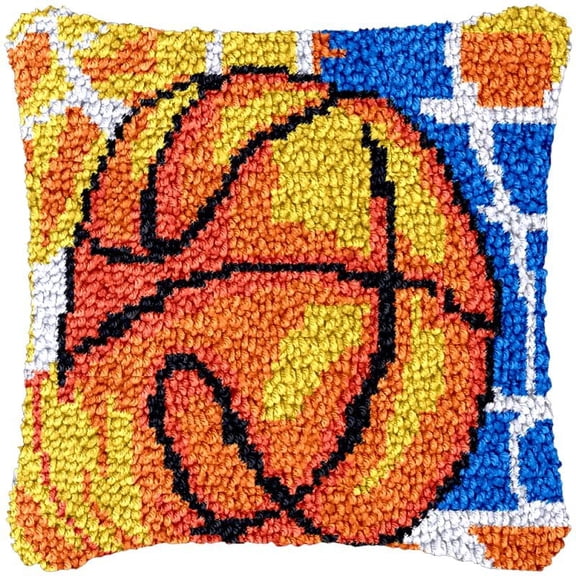 Basketball Latch Hook Kits Pillow DIY Rug Cushion Making Kits with preprinted Pattern Canvas Instruction Yarns and Latch Hooking Pillow Cover Easy to Start DIY Home Decor Kits 43x43cm