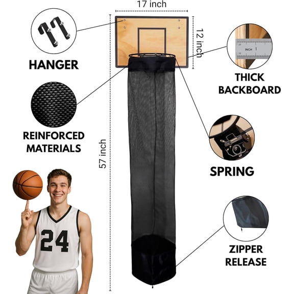 Basketball Laundry Hamper for Boys Room, Wood Brown Storage Basket with Hoop and Zipper Bottom