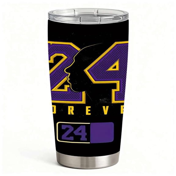 Basketball Legend Tribute 24 Water Cup with Lid, Purple Gold Sports Style Stainless Steel Insulated Tumbler