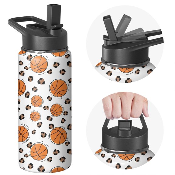 Basketball and Leopard White Pattern Insulated Water Bottle with Straw, Vacuum Insulated Stainless Steel Drink Container Built-in Carry Handle Gifts Ideas for Teens Adults Office Workers Teachers