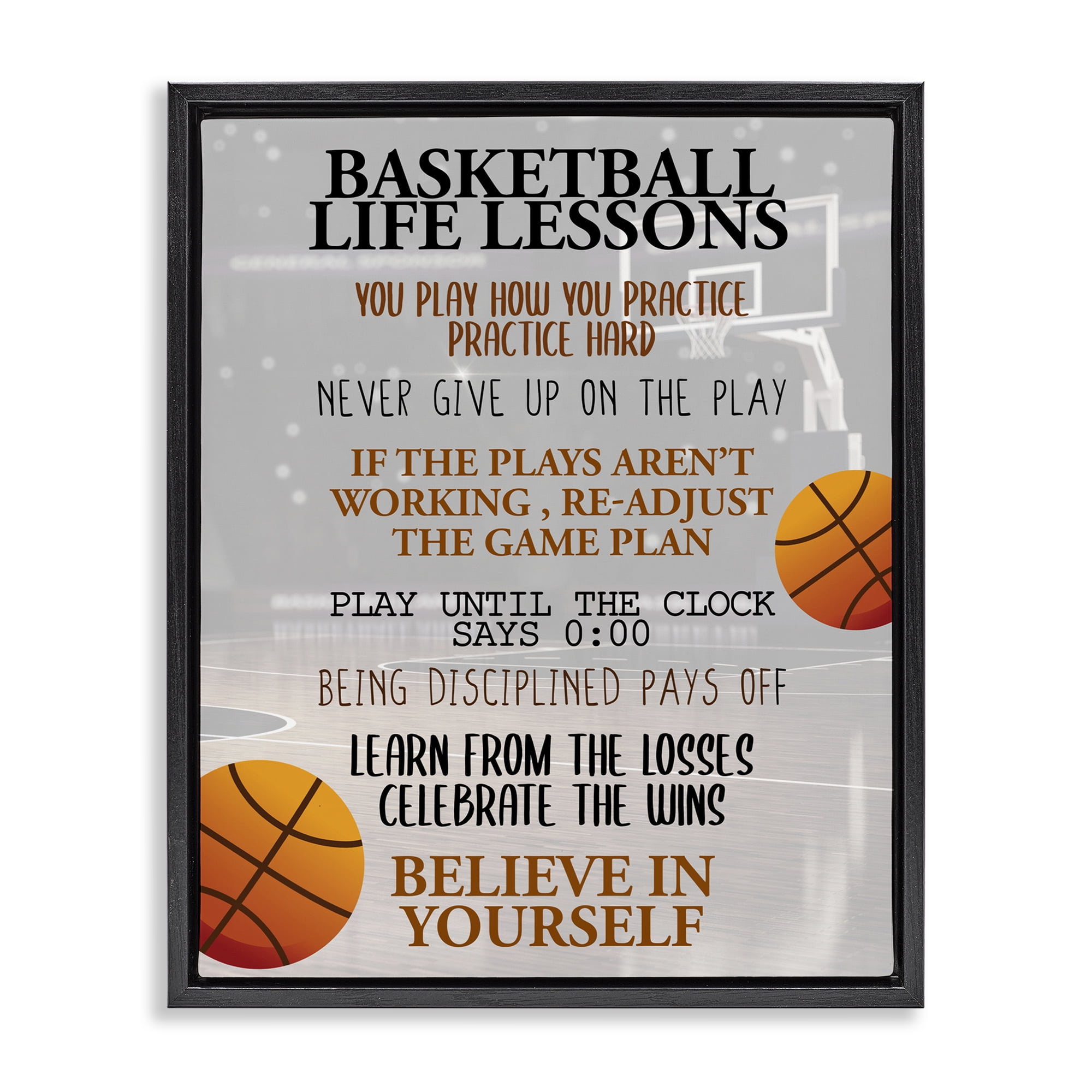 Basketball Life Lessons Black Framed Floater Canvas Wall Art, design by Kim Allen