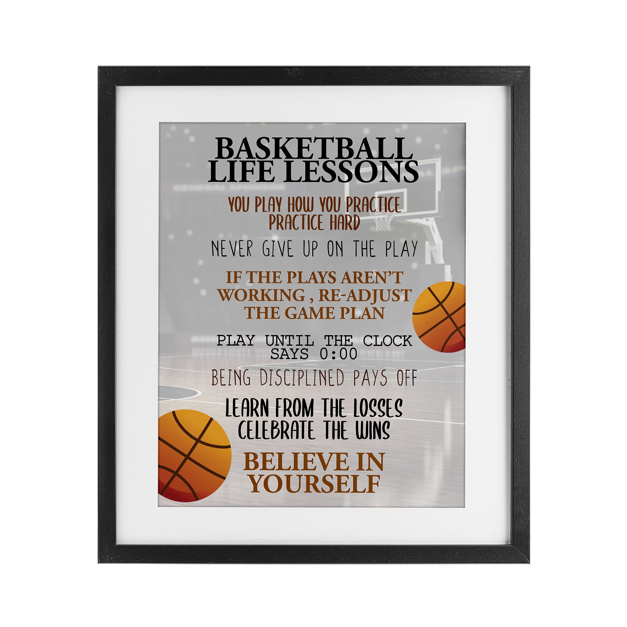 Basketball Life Lessons Black Framed Print Under Glass, design by Kim Allen