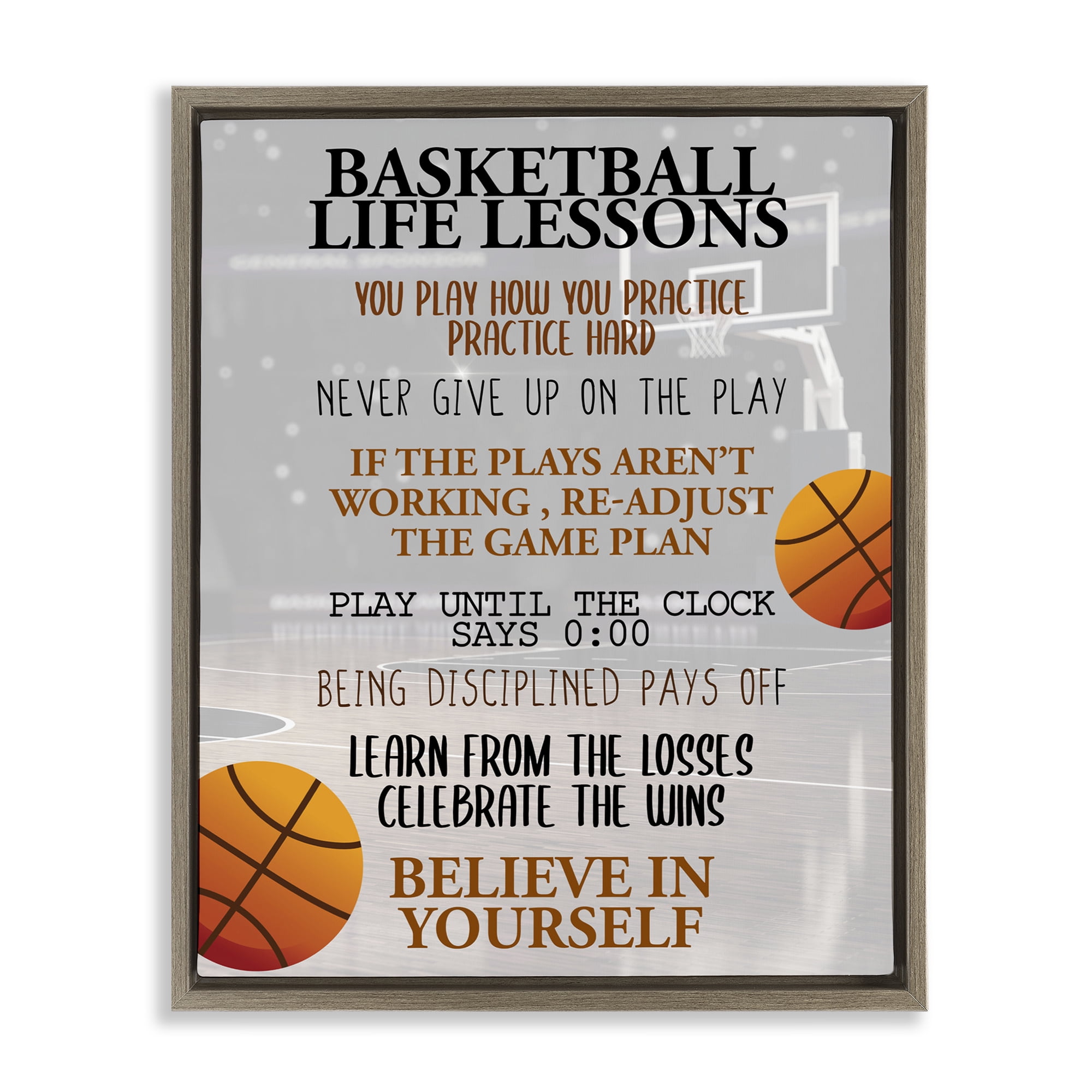 Basketball Life Lessons Brown Framed Floater Canvas Wall Art, design by Kim Allen