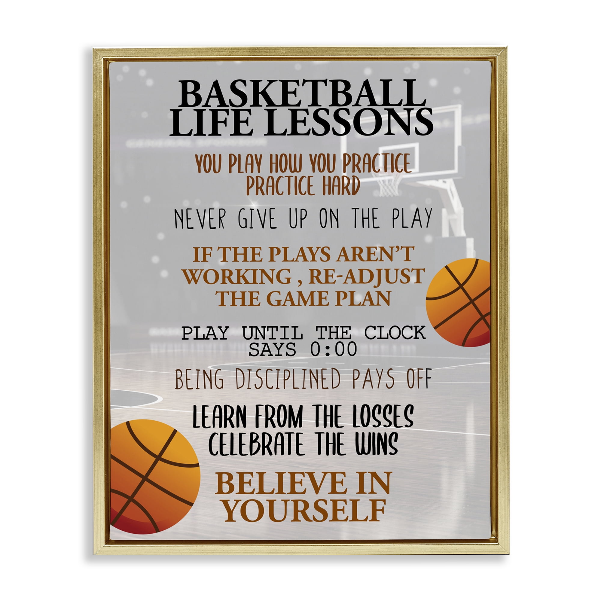 Basketball Life Lessons Gold Framed Floater Canvas Wall Art, design by Kim Allen